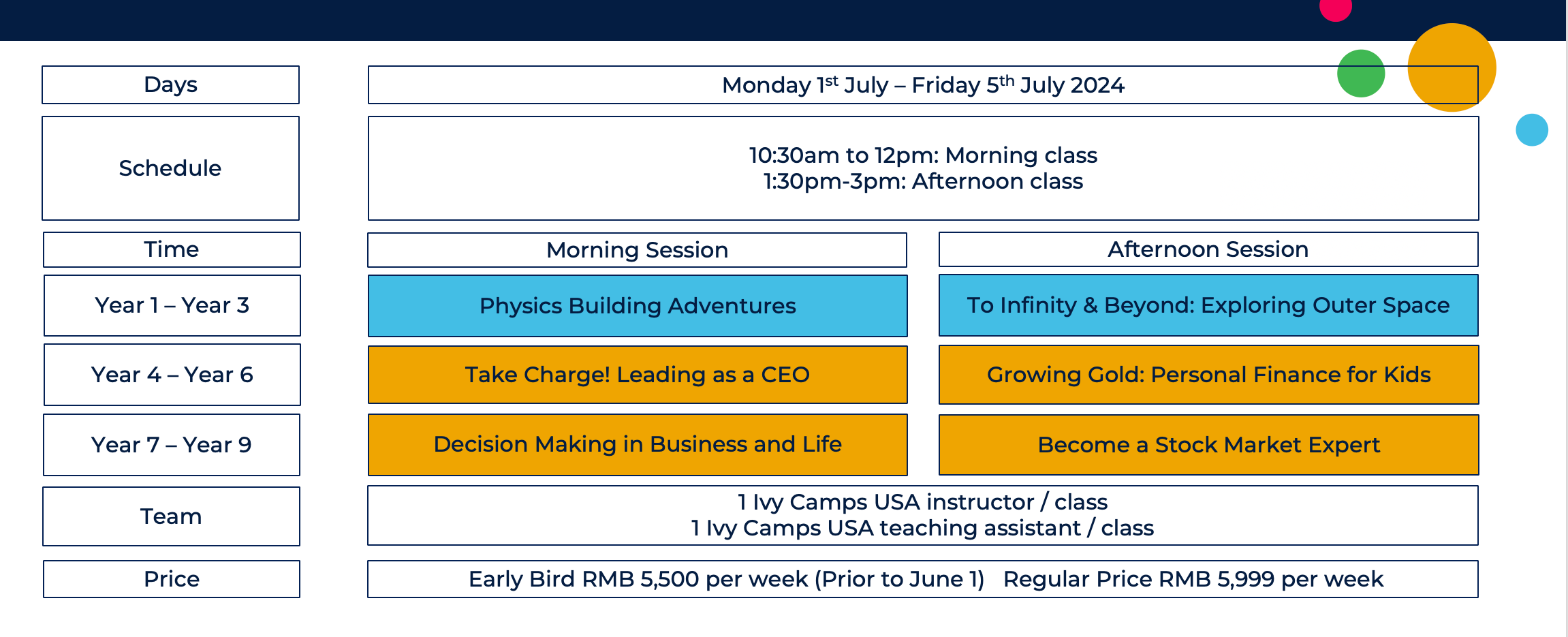 Ivy Camps USA schedule