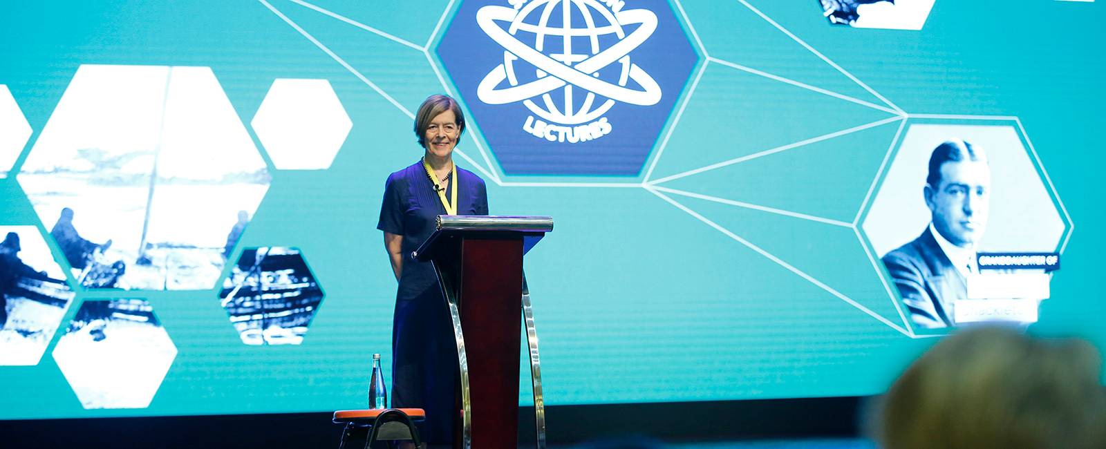 The Honourable Alexandra Shackleton speaks to Year 9 students assembled in Mei Lan Fang Theatre.