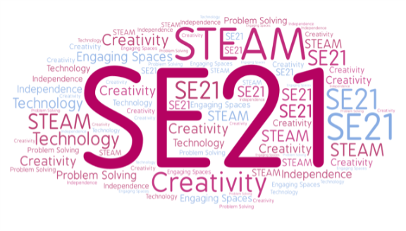 SE21, with words surrounding like Creativity, Problem Solving, STEAM, Technology, Independence ...