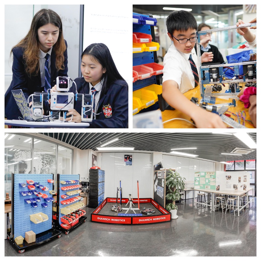 two female students interact with a small robot-like technology while a male student engages in an i