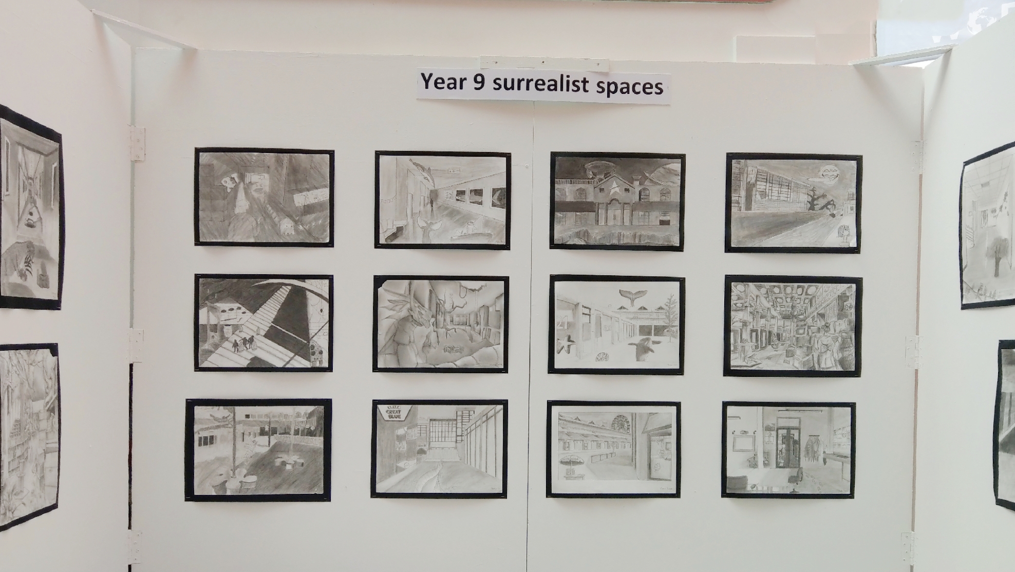 DCB Key Stage 3 exhibition ''Paint Print Draw Sculpt'' -  Year 9 Surrealist Spaces
